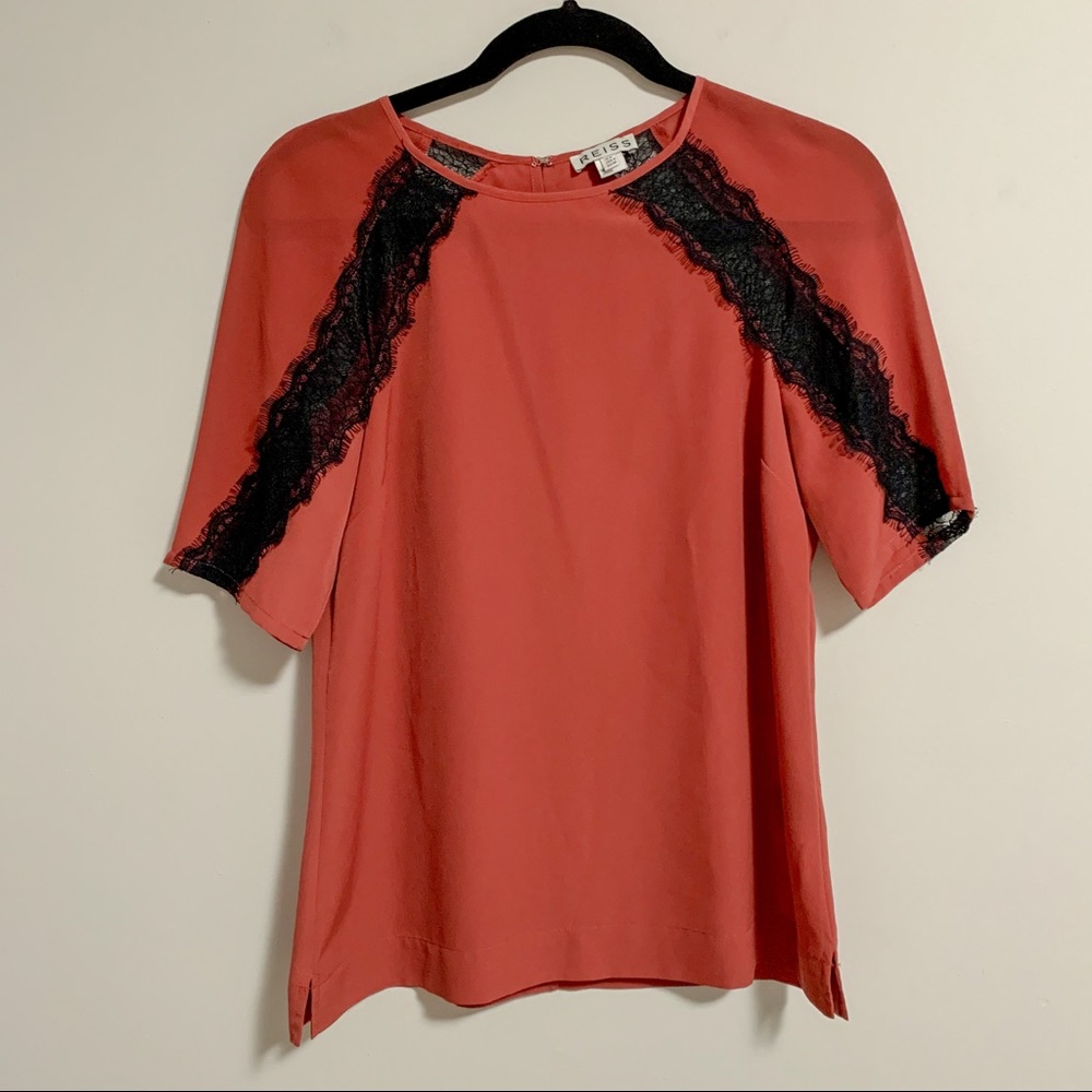 Reiss, Rose with Black Lace Short Sleeve Blouse US 4